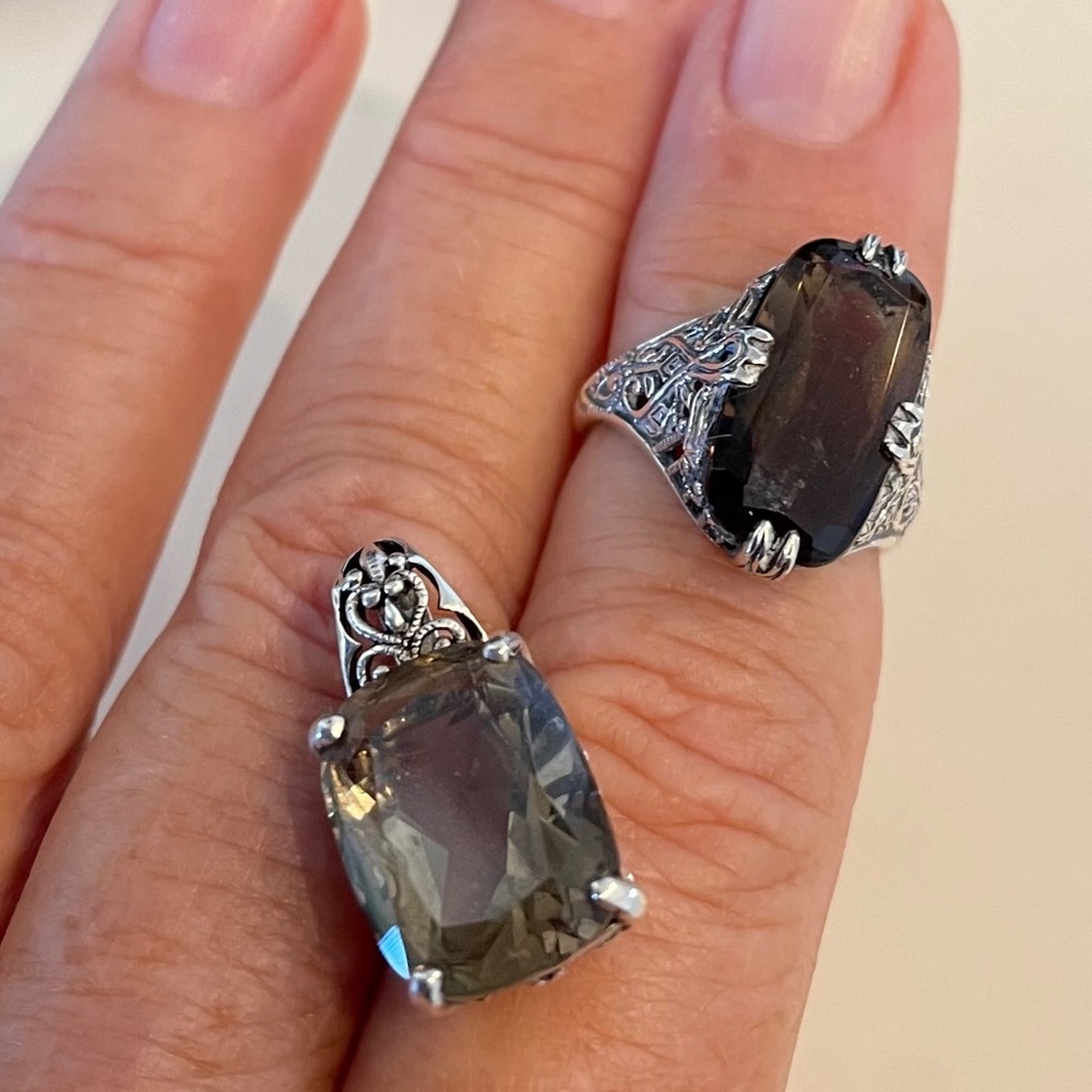 CNA Sterling Silver Smoky Quarts Ring  6 & Matching Pendant